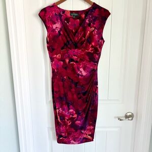 Lauren Ralph Lauren Red Pink Floral Sleeveless Ruched Dress Size 8